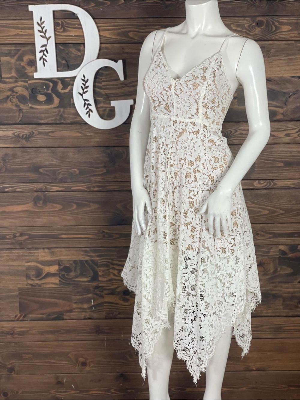 Lulus | One Wish Delicate Ivory Lace Handkerchief-Hem Midi Dress Nude Lined